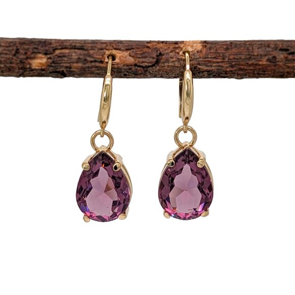 Zambian Amethyst Earrings in 14K Solid Gold | Levertops Earrings | Fine Jewelry - Picture 1 of 5